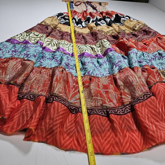 Maxi Dress Womens Small 100% Silk Patchwork Boho Smocked Tiered Boho Festival - Picture 8 of 10